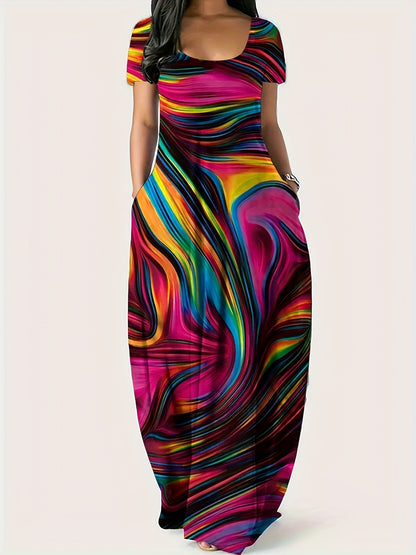 [1pc Plus Size Geometric Print Maxi Dress] 1pc Plus Size Geometric Print Maxi Dress, Stretchy Polyester Knit, Round Neck, Short Sleeve, Casual Loose Fit with Pockets, All-Season Versatile Style