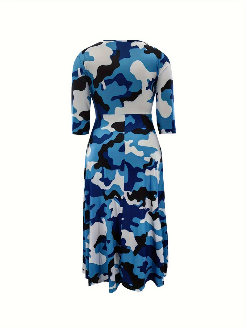 Elegant Women's Plus-Size Dress with Tie Waist, Casual Fashionable Long Sleeve Camouflage Print Knit Fabric with Pocket, X-Shape Fit, Round Neck, Straight Hem, No Bra Pad - Spring/Summer/Autumn