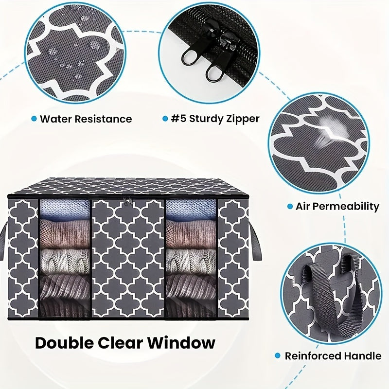 6pcs Set 90L Gray & White Printed Clothes Organizer with Lids - Collapsible, Waterproof Storage Bins with Reinforced Handles and Transparent Viewing Window for Bedding, Blankets, Toys, Under-Bed Storage