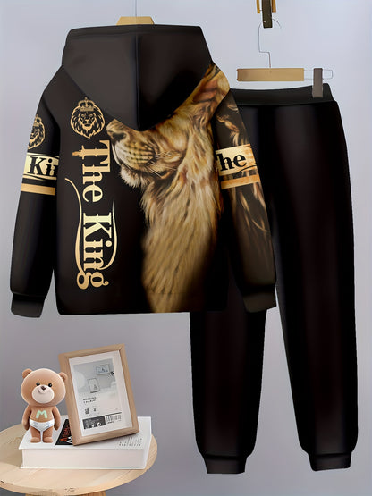 Boys' 3D Lion Print Hoodie &amp; Joggers Set - Casual, Comfy Polyester Outfit for Spring/Fall, Perfect for Outdoor