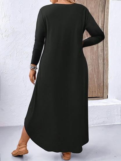 Plus Size Solid Color Dress, Casual Long Sleeve Crew Neck Dress for Spring & Fall, Women's Plus Size Clothing