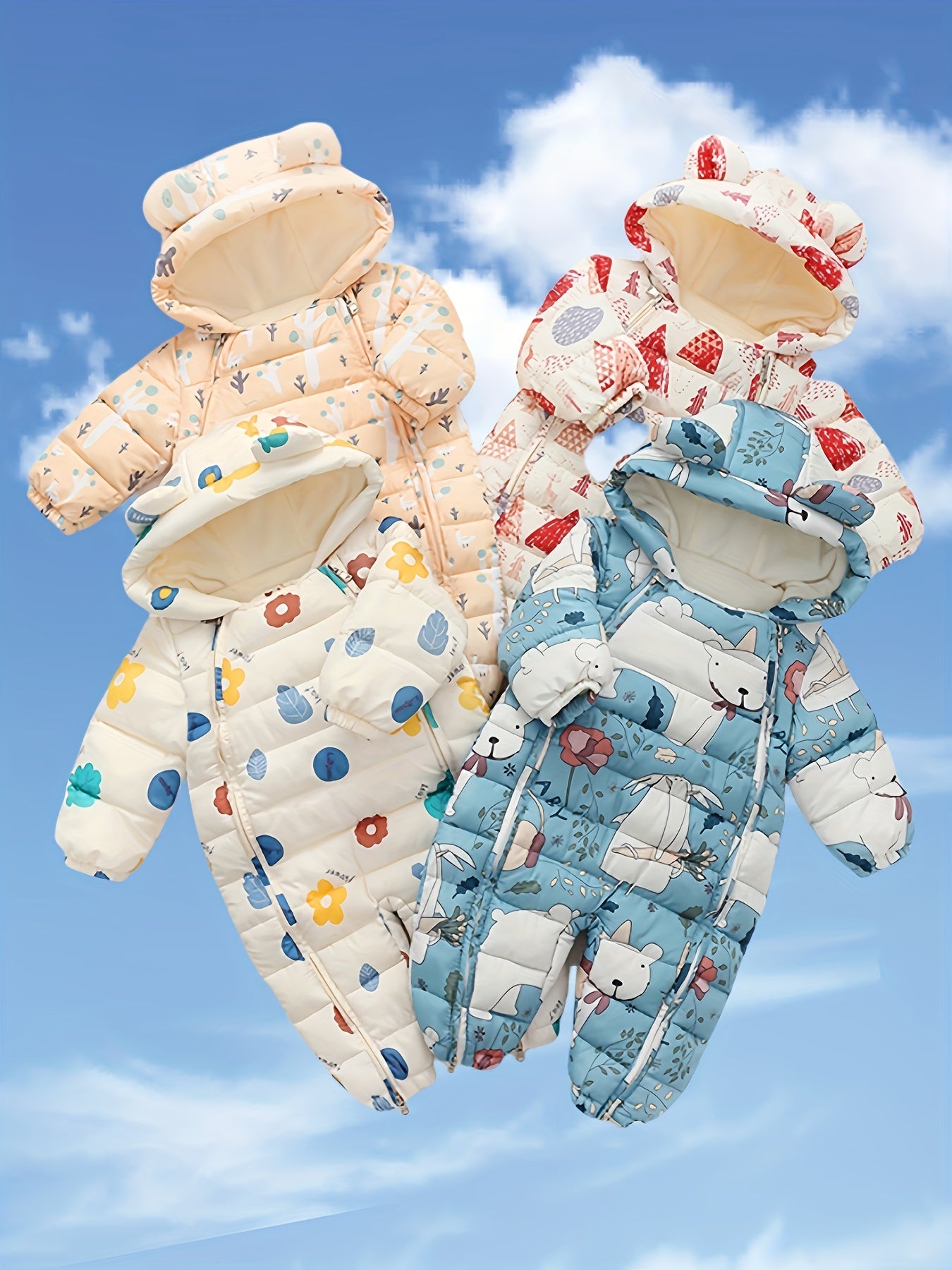 Cozy Fleece-Lined Kids' Onesie with Cute Ears & Cartoon Print - Zip-Up Long Sleeve Snowsuit for Outdoor Warmth, Easy Care, Perfect Christmas Gift for Newborns, Perfect for Outdoor