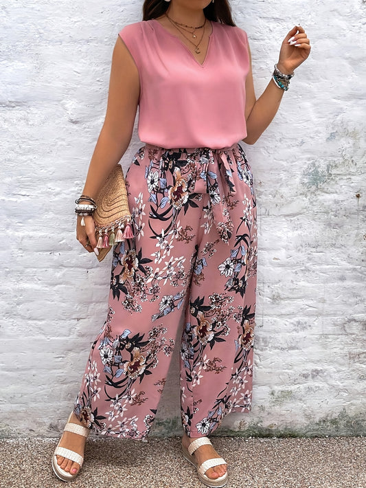 Women's Large Size Solid Color V-Neck Sleeveless Shirt and Floral Print Wide Leg Pants 2pcs Set for Summer