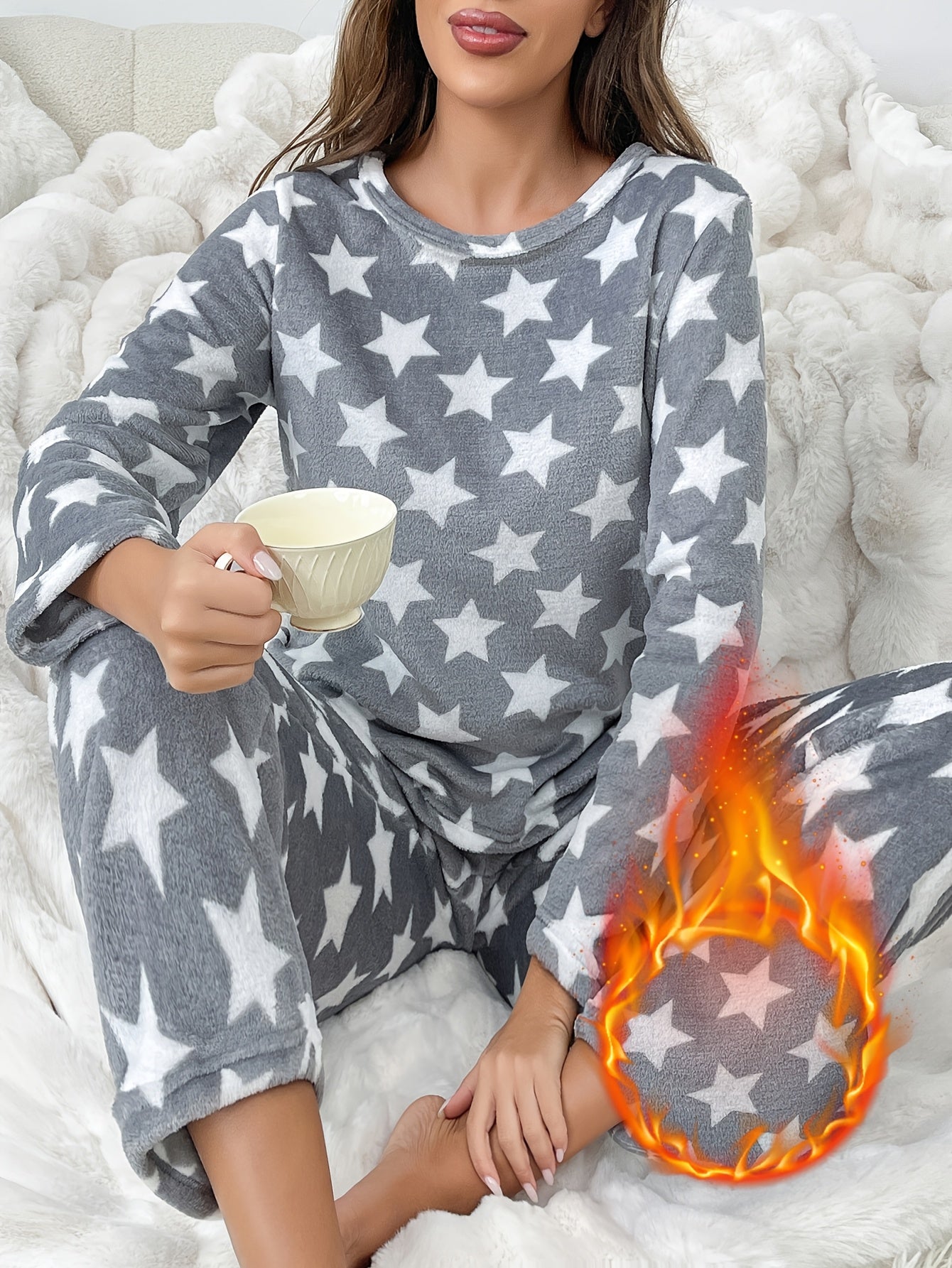 Women'S Polyester 100% Knit Pajama Sets - Casual Crew Neck Long Sleeve Top and Pants with Pattern Detail, Cozy Flannel Loungewear for Fall/Winter