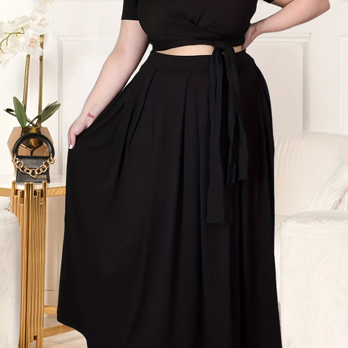 Plus Size Women's Solid Color Cross Tie Maxi Skirt Set, Casual Polyester Knit Dress with Short Sleeves, Round Neck, Pullover, Elastic Fabric, Fashionable Two-Piece Outfit