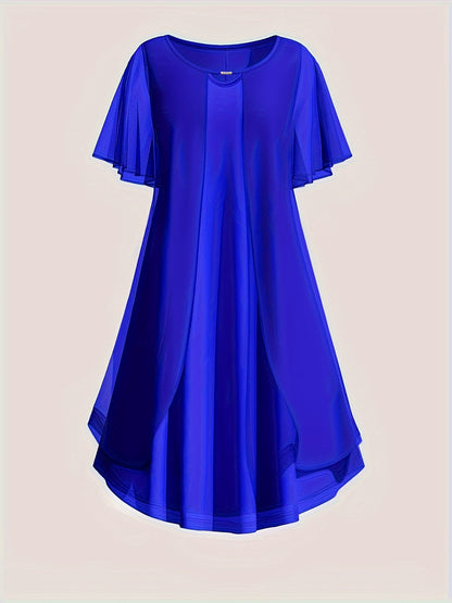 Elegant Plus Size Chiffon-Look Dress for Women - Crew Neck, Short Sleeve with Metallic Detail, Perfect for Spring/Summer/Fall