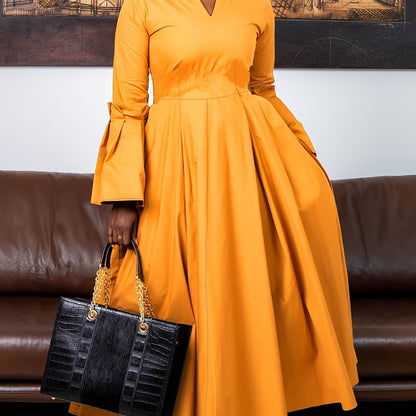 Plus Size Solid Color Dress, Elegant Flare Sleeve V Neck Dress For Spring & Fall, Women's Plus Size Clothing