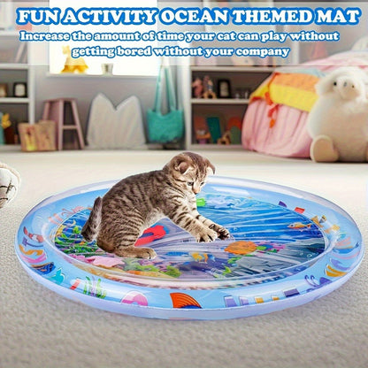 [Gentle Care] Colorful Interactive Cat Play Mat with Floating Fish - Durable, Splash-Proof PVC Water Pad, Alphabet & Marine Life Design, Ideal for Indoor Cats, Boredom Relief Kick Toy, No Batteries Required, Cat Toys
