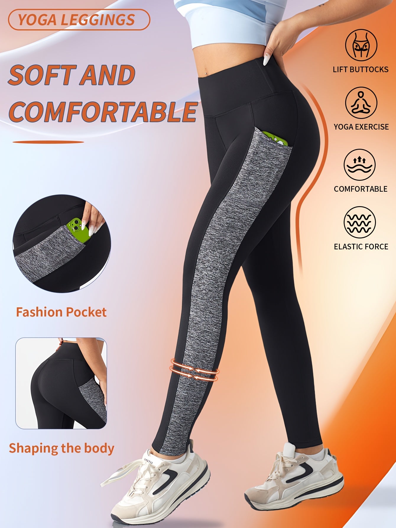 [1pc Women'S High Waist Yoga Leggings] 1pc Women'S High Waist Yoga Leggings with Contrast Color Pocket, Soft Stretchable Polyester Knit Sports Pants, Breathable Activewear for All Seasons
