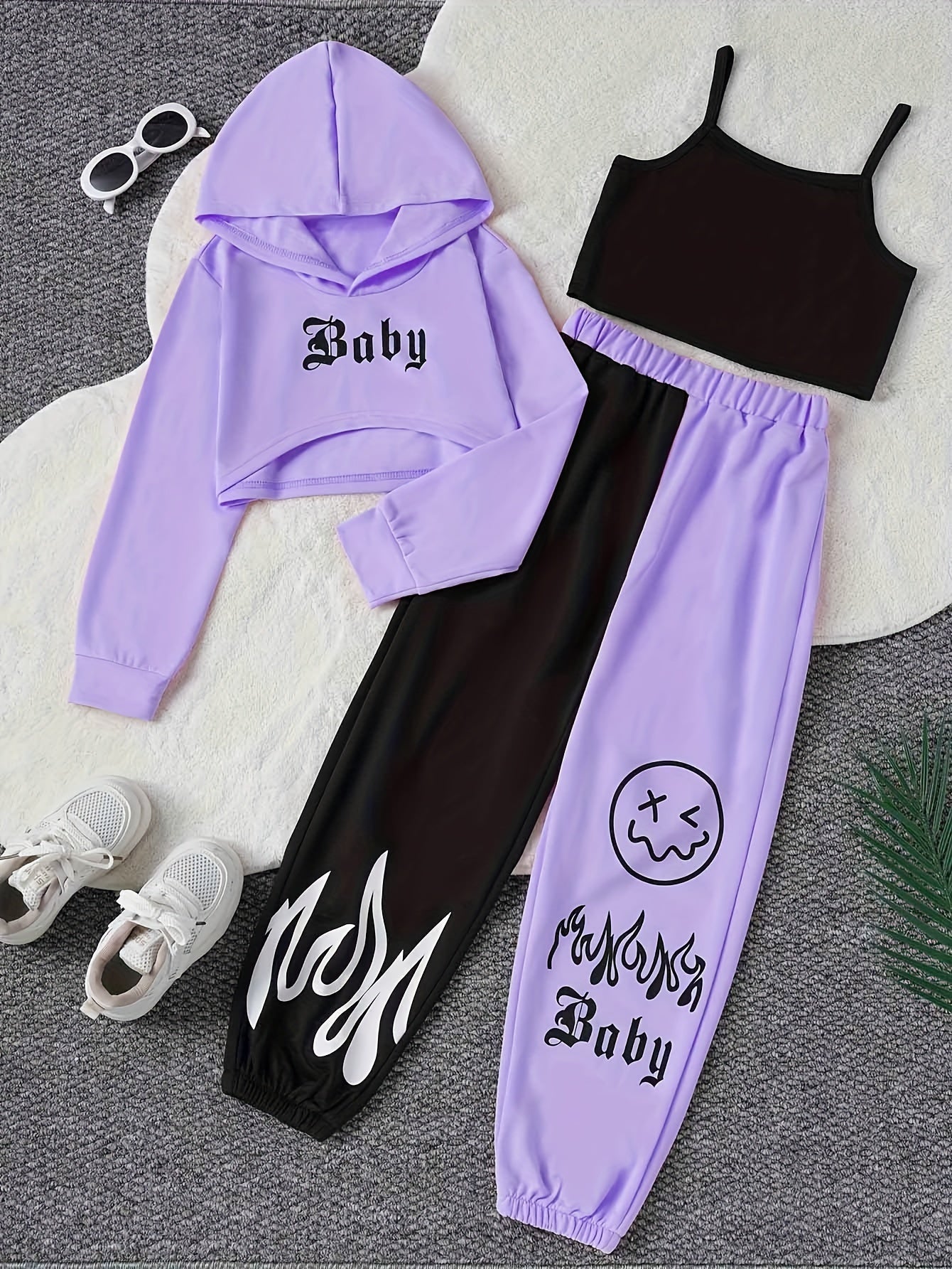 Color Clash 3pcs Girls casual outdoor clothing Set, Long Sleeve Crop Hoodie Top + Camisole + Trousers - Spring/Fall Clothes, Casual Outfit, Gift
