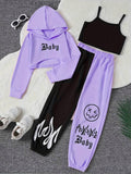 Color Clash 3pcs Girls casual outdoor clothing Set, Long Sleeve Crop Hoodie Top + Camisole + Trousers - Spring/Fall Clothes, Casual Outfit, Gift