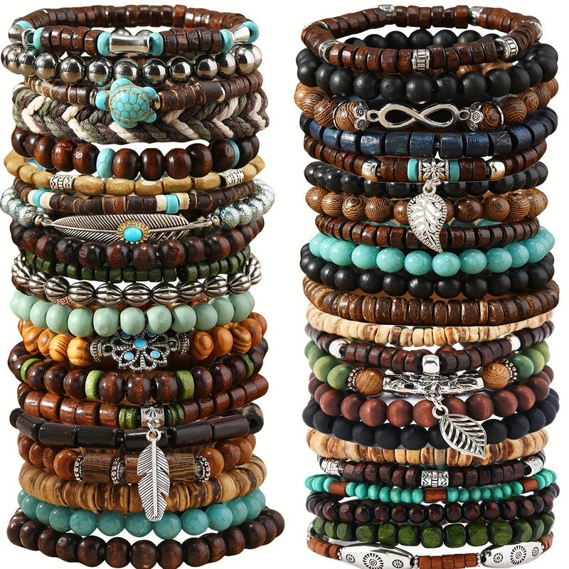 41pcs Fashion Bracelet Set - Elegant Wooden Beads with Butterfly, Heart & Evil Eye Charms for Casual Attire