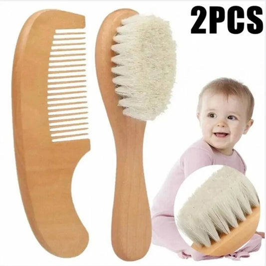 2 pçs conjunto de pente do bebê cuidados com o bebê escova de cabelo faia lã macia pente de madeira recém-nascido massageador chuveiro do bebê e presente cabelo do bebê calmante