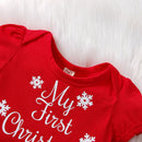 2Pcs Baby Christmas Outfit Snowflake Mesh Splicing Short Sleeve Romper Sequin Bow Headband Babby Xmas Bodysuits Clothes 