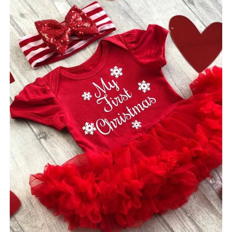 2Pcs Baby Christmas Outfit Snowflake Mesh Splicing Short Sleeve Romper Sequin Bow Headband Babby Xmas Bodysuits Clothes 