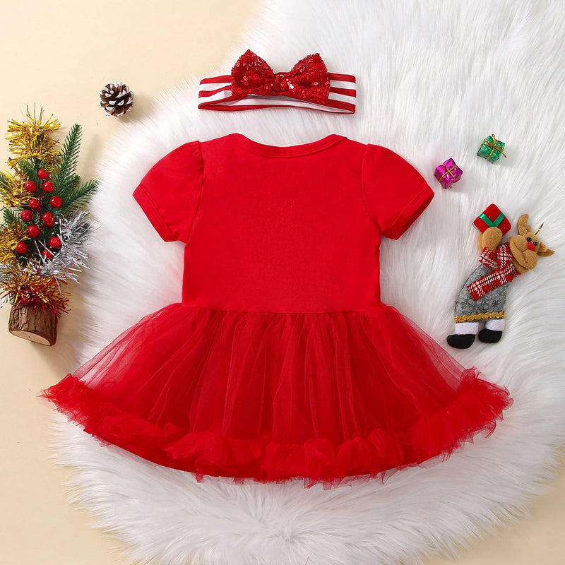 2Pcs Baby Christmas Outfit Snowflake Mesh Splicing Short Sleeve Romper Sequin Bow Headband Babby Xmas Bodysuits Clothes 