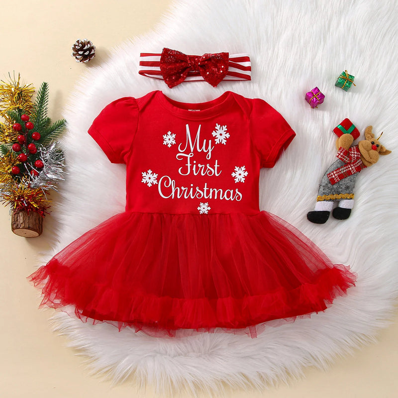 2Pcs Baby Christmas Outfit Snowflake Mesh Splicing Short Sleeve Romper Sequin Bow Headband Babby Xmas Bodysuits Clothes 