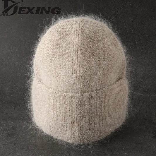 2024 angora chapéu de inverno para mulheres pele de coelho fofo gorros de malha chapéu feminino macio quente esqui crânios gorros