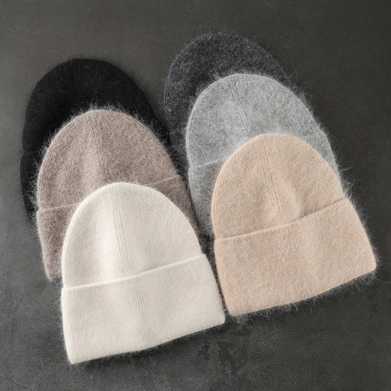 2024 angora chapéu de inverno para mulheres pele de coelho fofo gorros de malha chapéu feminino macio quente esqui crânios gorros