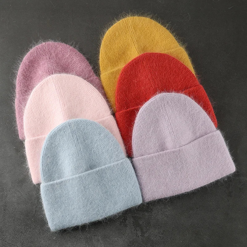 2024 angora chapéu de inverno para mulheres pele de coelho fofo gorros de malha chapéu feminino macio quente esqui crânios gorros