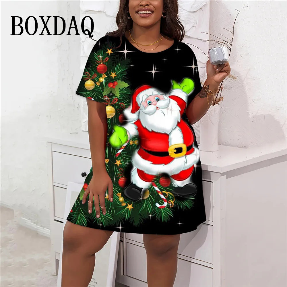 Vestidos de fiesta de Navidad para mujer, moda 2024, informales, con estampado de Papá Noel, holgados, de talla grande, manga corta, corte A, 9XL 