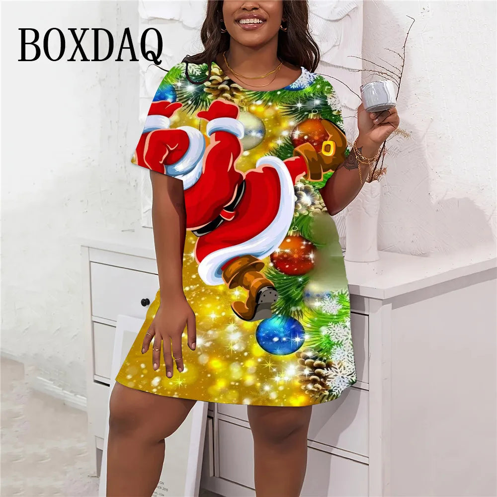 2024 moda feminina vestidos de festa de natal casual bonito dos desenhos animados santa impressão vestido solto plus size manga curta a linha vestido 9xl