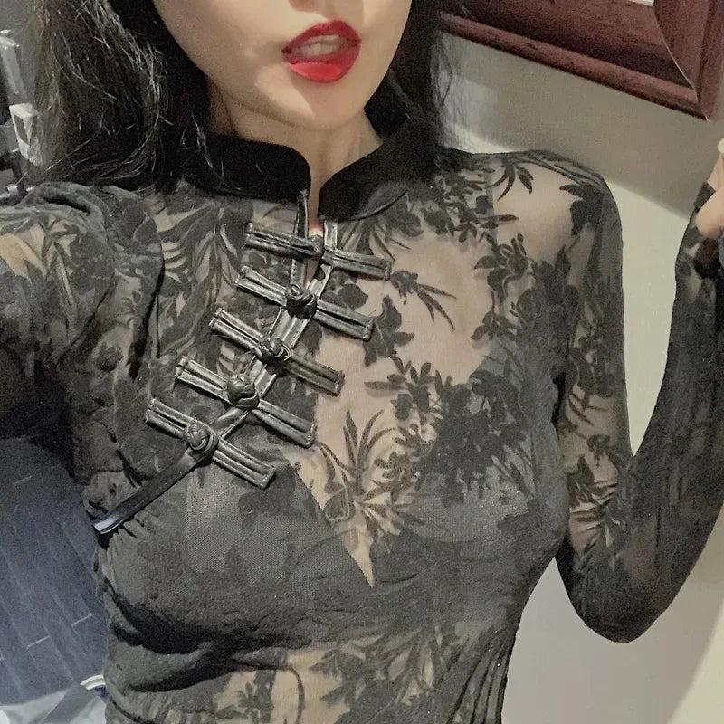 2024 Fashion Lace See Through Shirts and Blouses Summer Woman Long Sleeve Slim Korean Turtleneck Black Sexy Tops for Women Y2K 