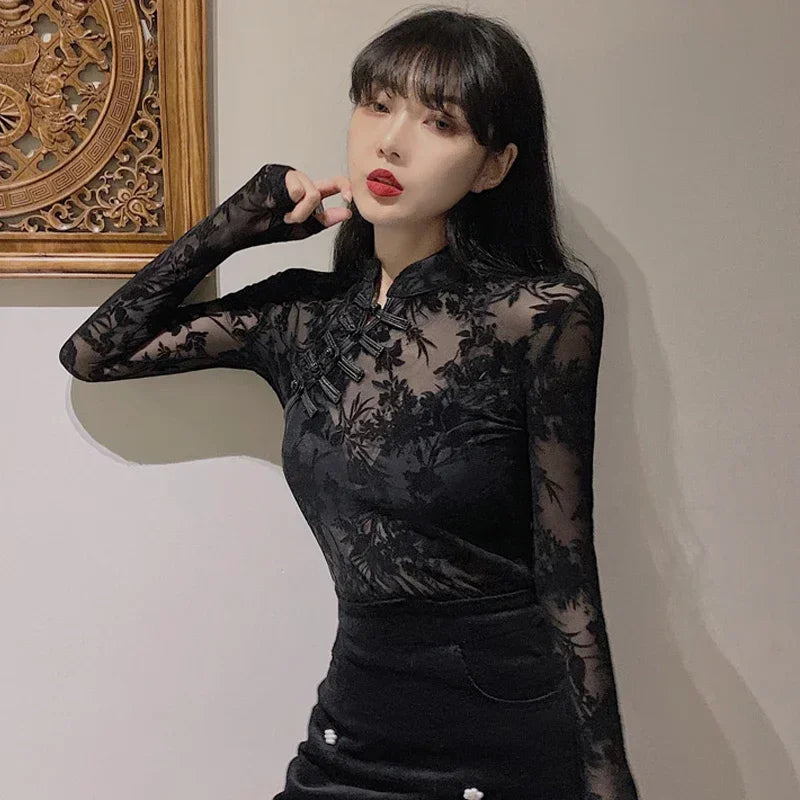 2024 Fashion Lace See Through Shirts and Blouses Summer Woman Long Sleeve Slim Korean Turtleneck Black Sexy Tops for Women Y2K 