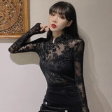2024 Fashion Lace See Through Shirts and Blouses Summer Woman Long Sleeve Slim Korean Turtleneck Black Sexy Tops for Women Y2K 