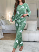 [Home Relaxation] Cozy & Warm Women's Fleece Pajama Set in Green with White Cartoon Rabbit Pattern - Soft Polyester, Anti-Static, Machine Washable - Elegant Home Loungewear with Round Neck Top & Pants for Fall/Winter, Plus Si