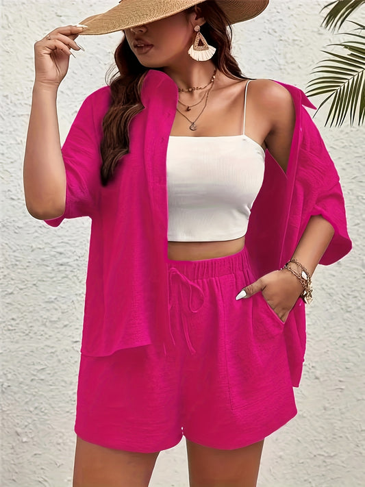 Plus Size, XL Size Summer Solid Color Button Front Collar Short Sleeve Top and Drawstring Pocket Shorts Two-Piece Set