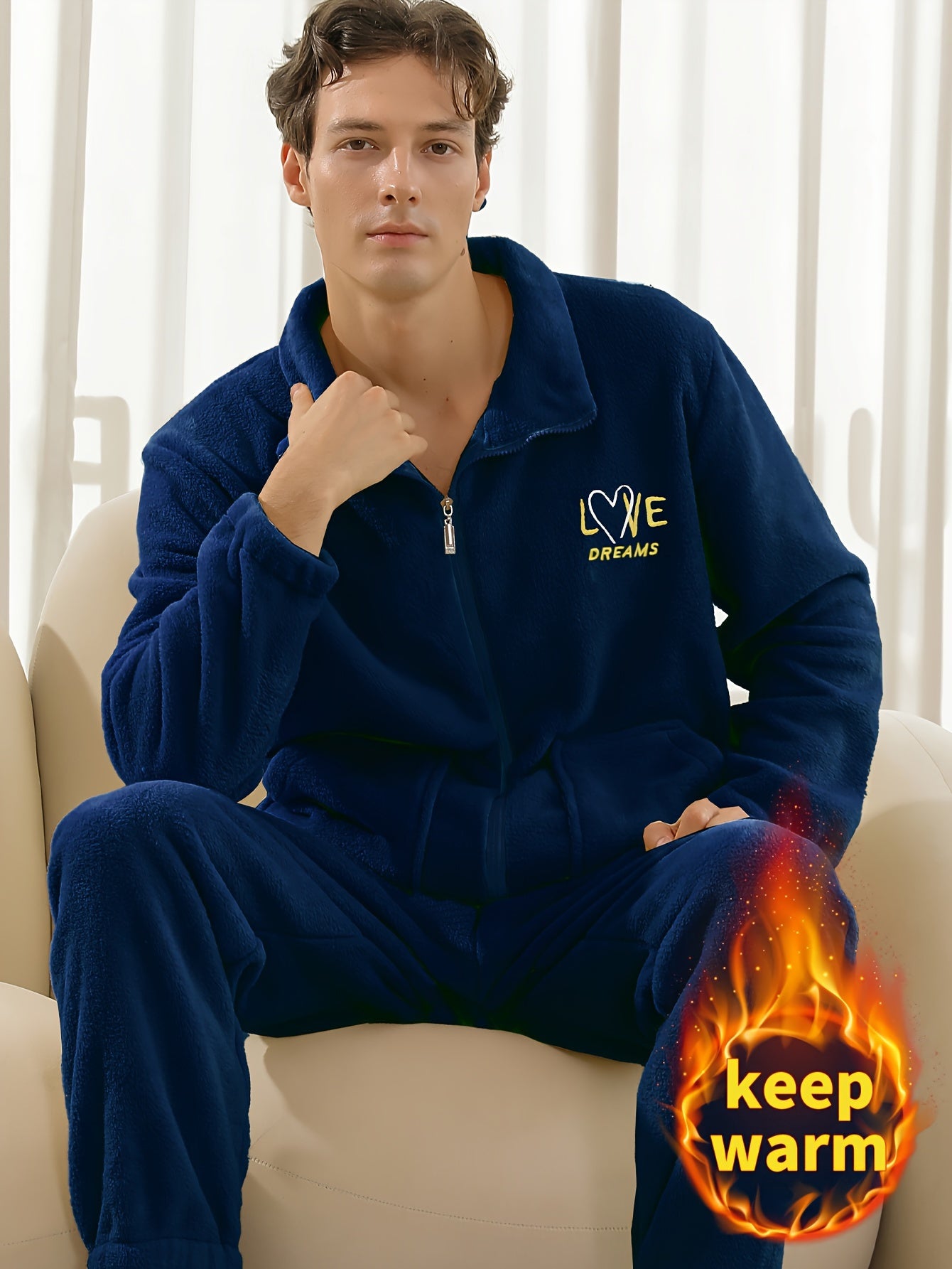 Conjunto de pijama de hombre con camiseta y pantalón de franela con bordado de letras, cuello alto, cremallera y manga larga para otoño e invierno.