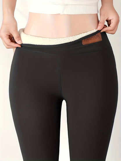 Women's Plush-Lined High Waist Leggings, Elastic And Comfortable, Casual Style Warm Pants For Winter, For Thermal Wear
