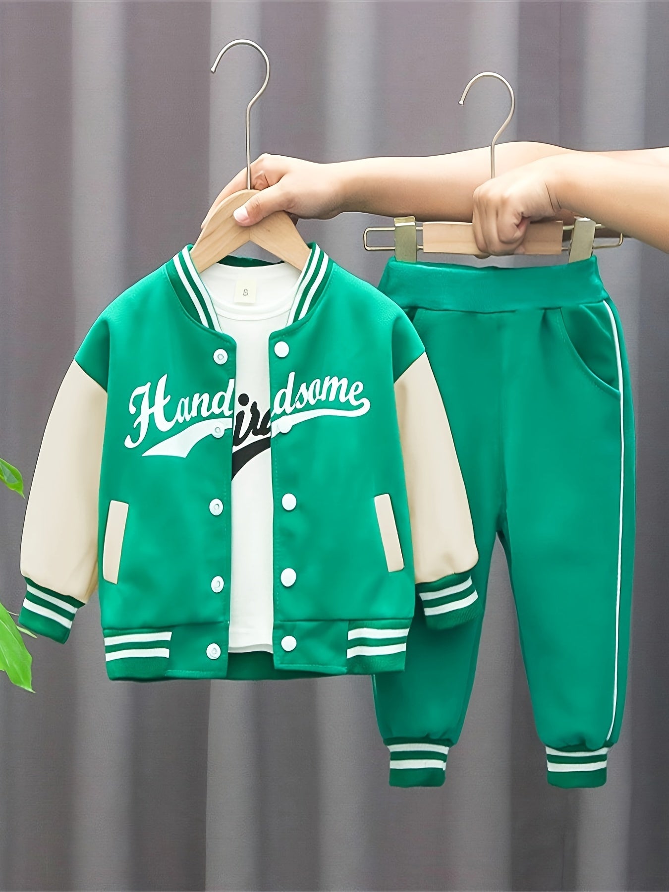 3pcs 95% cotton Boy's Letter Print Long Sleeved Baseball Suit, Casual Crew Neck Slightly Stretch Set, Ideal For Daily And Outdoor Wear