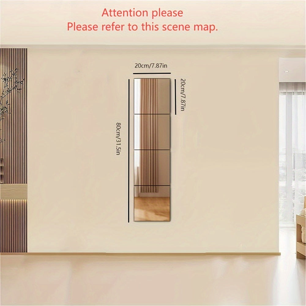 4pcs Set, 1mm Thick Square Acrylic Mirror Wall Decals - Shatterproof & Removable, Perfect for Bedroom, Living Room, Office, Kitchen, Bathroom, and Entryway Decor, Full-Length Dressing Mirror Stickers, 7.9x7.9 Inches