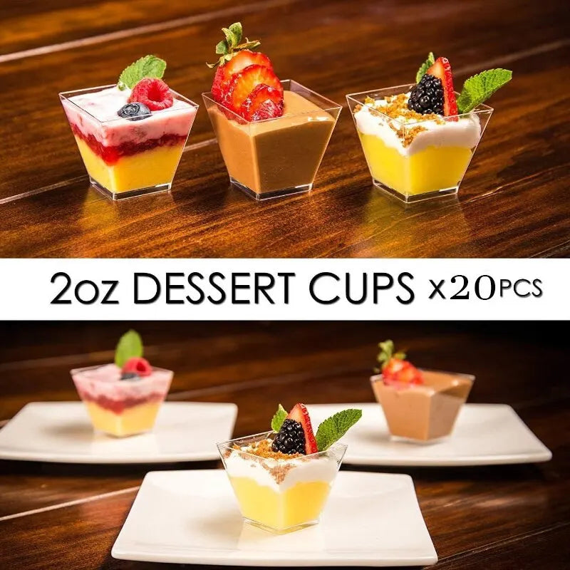 20X2oz Square Mini Dessert Cups with Spoons, Clear Plastic Parfait Appetizer Cup for Party Dessert Tasting Appetizers 