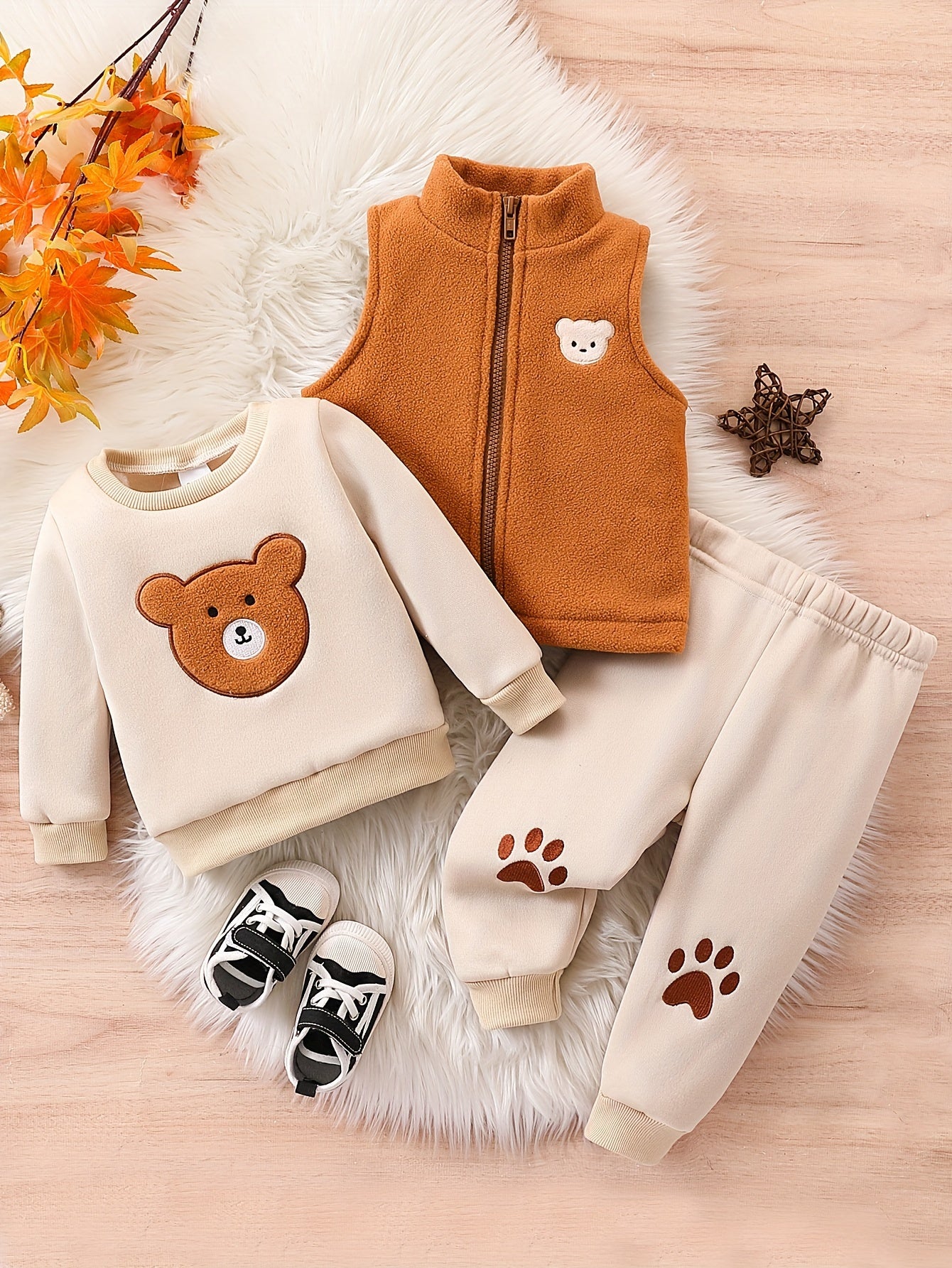 3-Piece Baby Boy Set, Autumn/Winter Casual Embroidered Bear Vest, Round Neck Long Sleeve Sweatshirt, Pants - Polyester Knit, Cute Animal Pattern, Regular Fit, Sleeveless Vest, No Belt, Toddler Clothing, For Outdoor