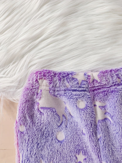 Girls' Autumn and Winter Cute Purple Unicorn Plush Long Sleeve and Pants Suit, Perfect for Outdoor
