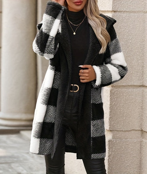 Plaid Pattern Open Front Fuzzy Coat, Elegant Long Sleeve Hooded Warm Outerwear For Fall & Winter, Women's Clothing