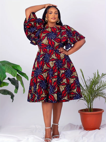 Women's Plus Size Floral Print Dress - Casual Crew Neck, Short Sleeve with Ruffle Hem, Machine Washable - Perfect for Spring & Fall, Plus Size Casual Dress