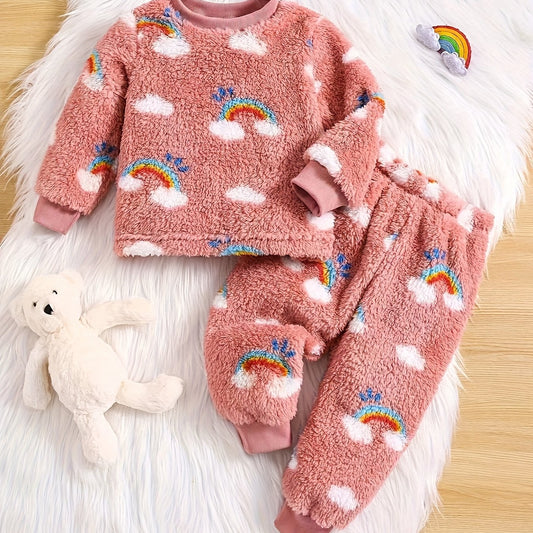Baby Girls' Fashion Autumn Winter Thick Flannel Suit, Comfy & Cute Top + Pants 2pcs Children's Warm New Two-piece Clothing