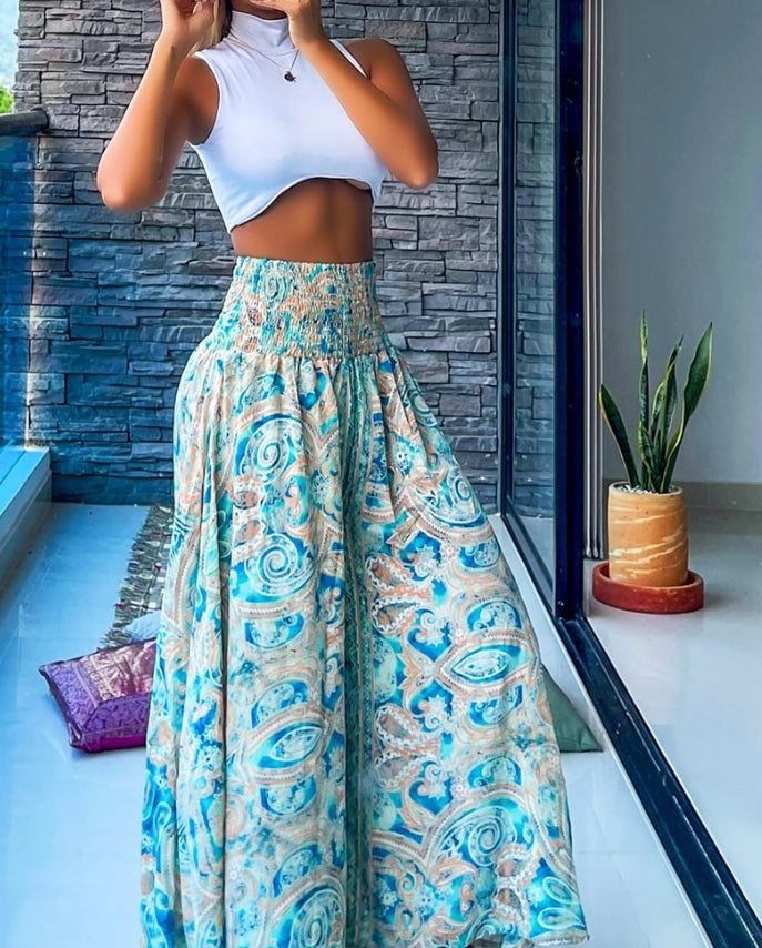 Women's Oversized Trousers 2024 Spring/Summer Latest Casual Boho Vintage Tribal Paisley Print Shirred High Waist Wide Leg Pants