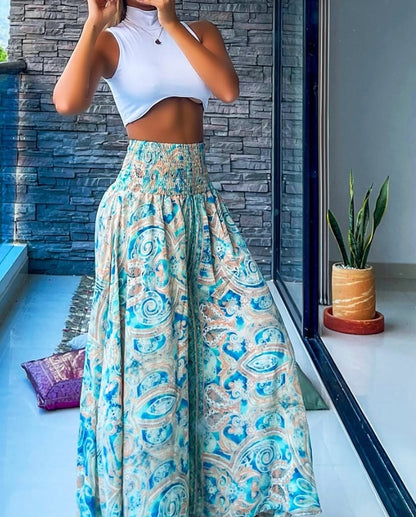 Women's Oversized Trousers 2024 Spring/Summer Latest Casual Boho Vintage Tribal Paisley Print Shirred High Waist Wide Leg Pants