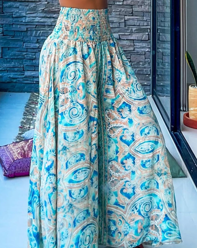 Women's Oversized Trousers 2024 Spring/Summer Latest Casual Boho Vintage Tribal Paisley Print Shirred High Waist Wide Leg Pants