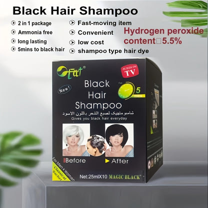 10pcs Unisex-Adult Magic Black Hair Dye, 25ml Each, Semi-Permanent, Plant-Based Squalane, Normal Hair Type, Lotion Form, Rich Black Shade, Easy Application