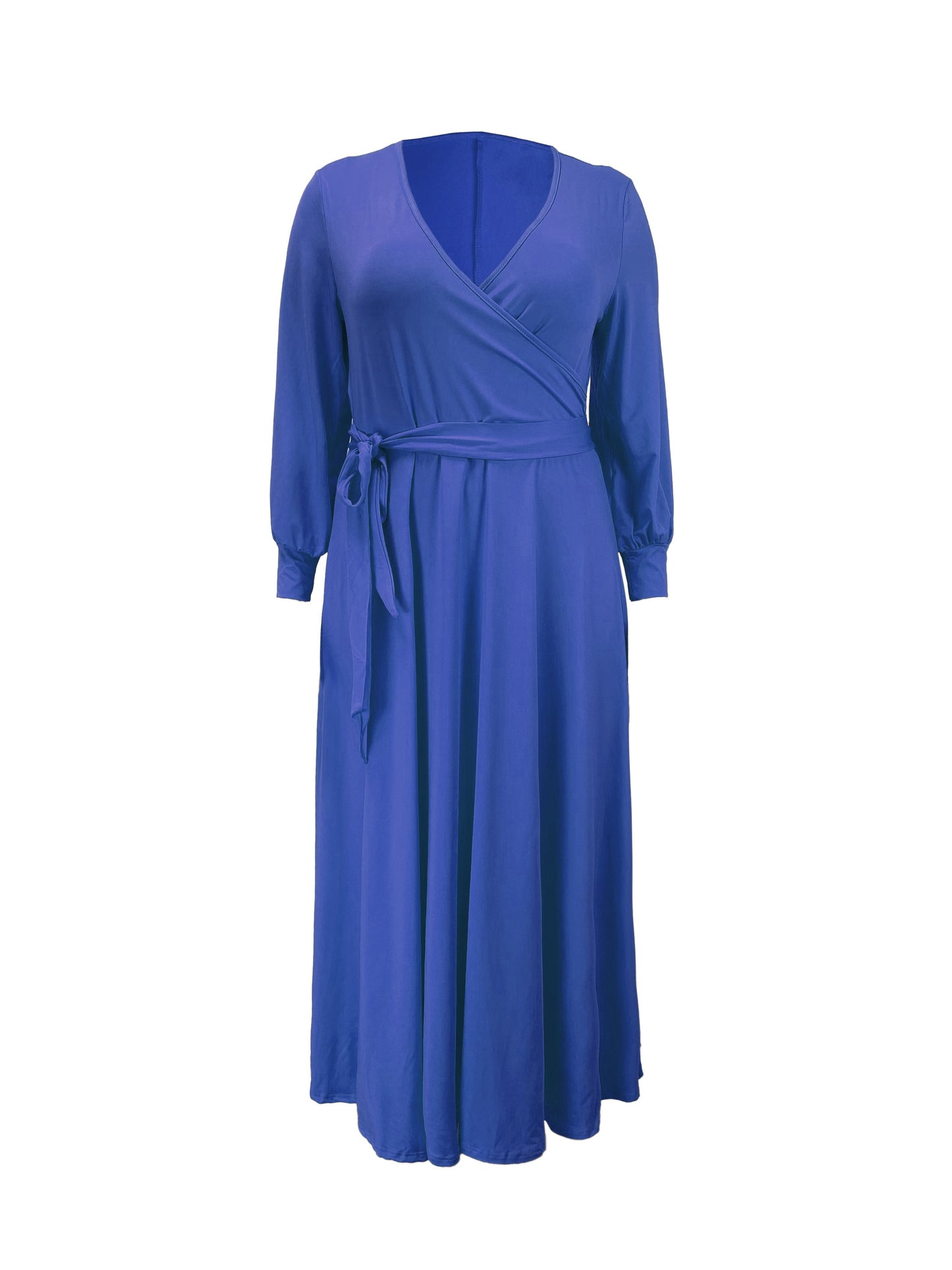 Plus Size Solid Color Tie Waist Dress, Elegant Long Sleeve Surplice Neck Maxi Dress For Spring & Fall, Women's Plus Size Clothing