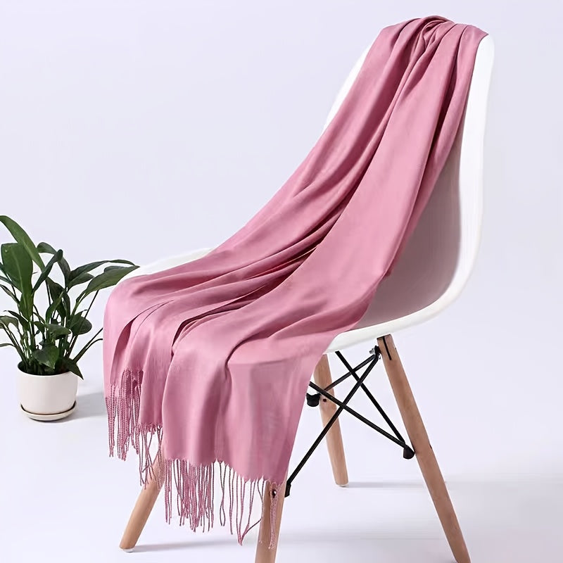 1pc Elegant and simple plain tassel long scarf with warm and versatile thin fabric, suitable for daily wear in all seasons, can also be used as a lady's air-conditioning shawl