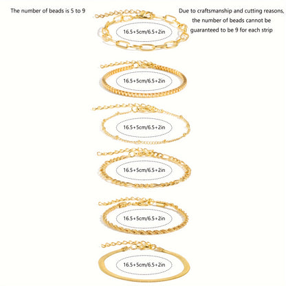 6-piece Fine Alloy Chain Bracelet Set Simple Women's Bracelet Jewelry Decoration Bead Quantity 5-9 Pieces