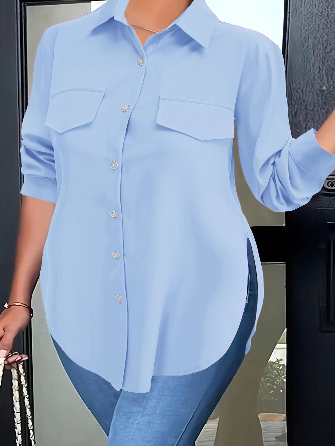 Blusa de talla grande con dobladillo curvo, informal, con cuello abotonado para primavera, ropa de talla grande para mujer.