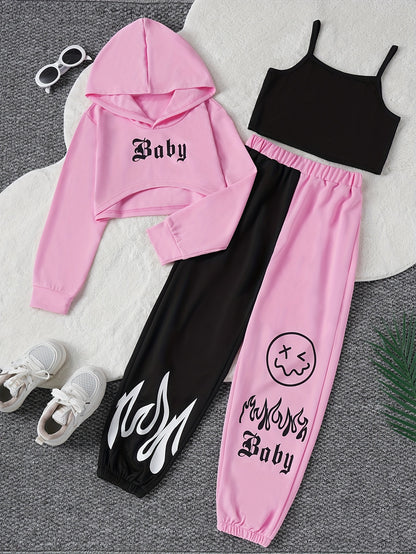 Color Clash 3pcs Girls casual outdoor clothing Set, Long Sleeve Crop Hoodie Top + Camisole + Trousers - Spring/Fall Clothes, Casual Outfit, Gift